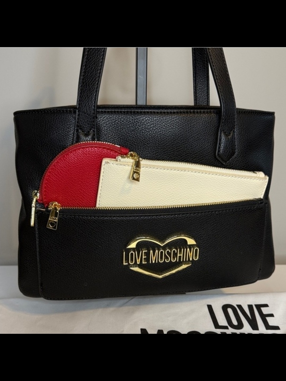 Love Moschino Black Tote with Cream & Red Pouches Includes Dust BAG - Picture 3 of 11